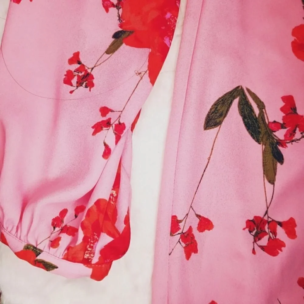 SHEER FLORAL CRISSCROSS NECKLINE BLOUSE